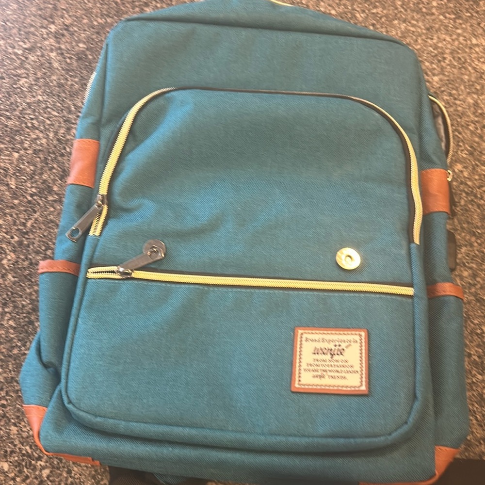 Teal Backpack. Never used. Brown trim